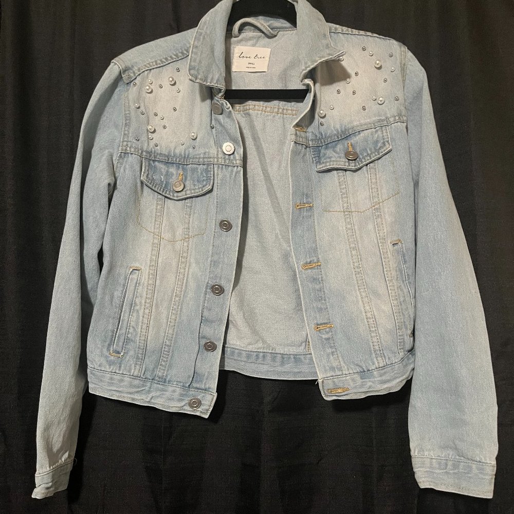 Denim Jacket with Pearl Shoulder Detail